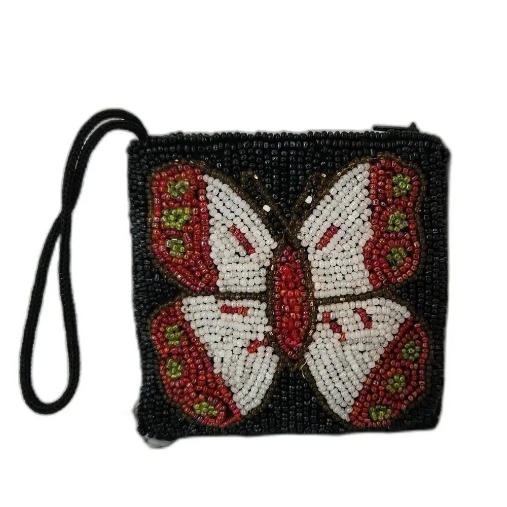 Butterfly Black Red and White Beaded Small Change Purse